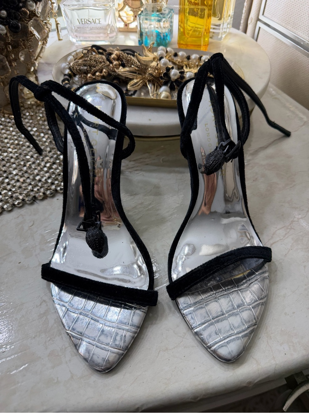 Kurt Geiger Black & Silver Strappy Pointed-Toe Heels